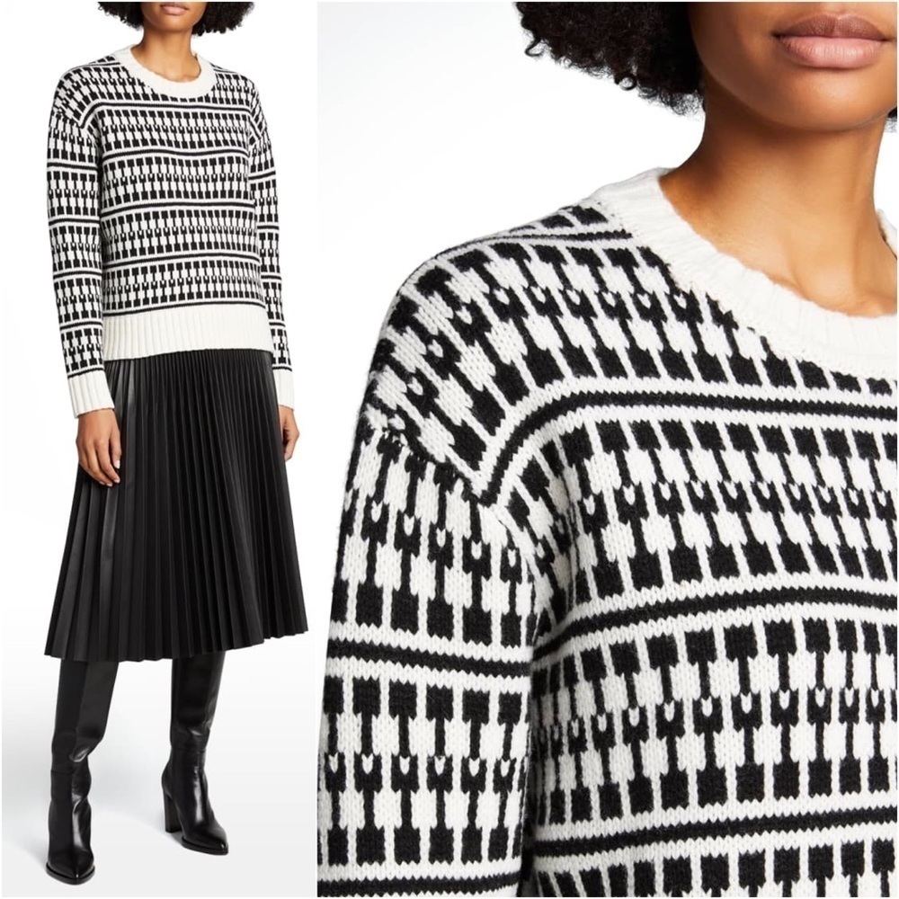 JASON WU‎ Cropped Geometric Graphic Stripe Wool Sweater in Black & Ivory Size XS